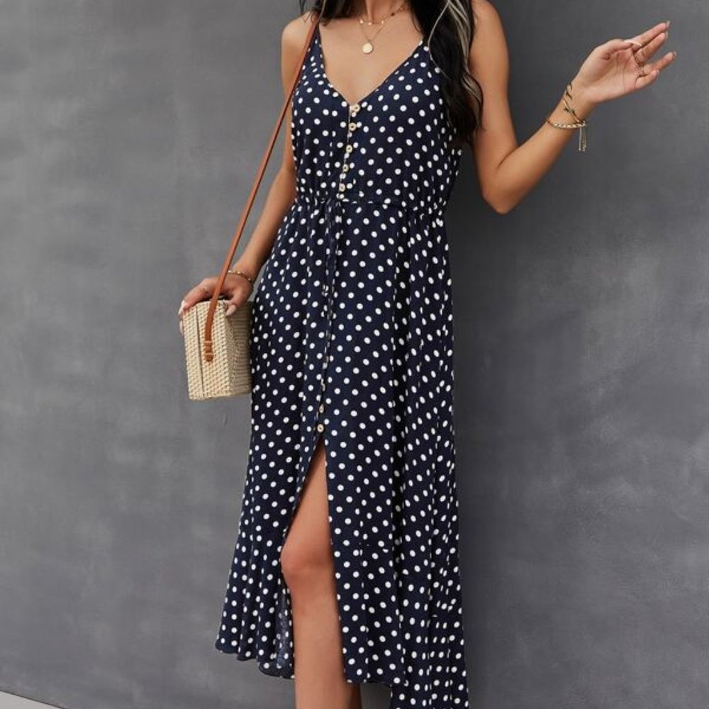Button down Drawstring Waist Polka Dot Cami Dress - Picture 3 of 6